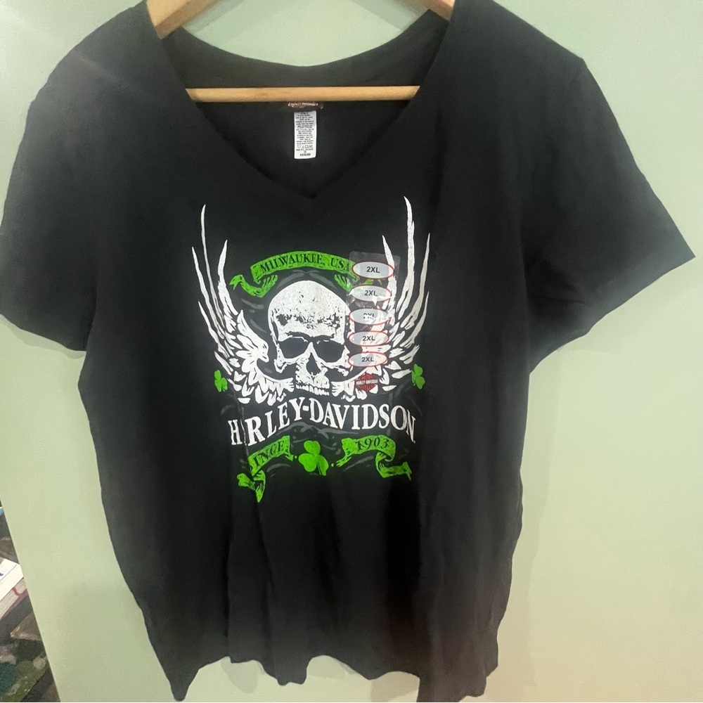 Harley-Davidson Black Tee with White Skull and Neon Green Shamrock Graphics NWT - Picture 5 of 8